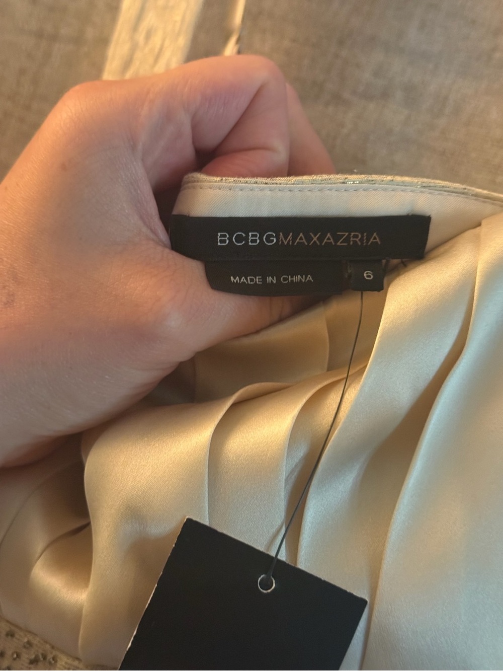 Silk BCBGMaxAzria Ivory Satin Pleated Dress with Beaded Waistband - Picture 4 of 10